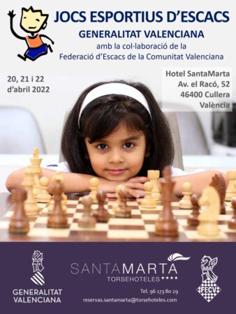 cartel torneo de ajedrez con niña frente al juego